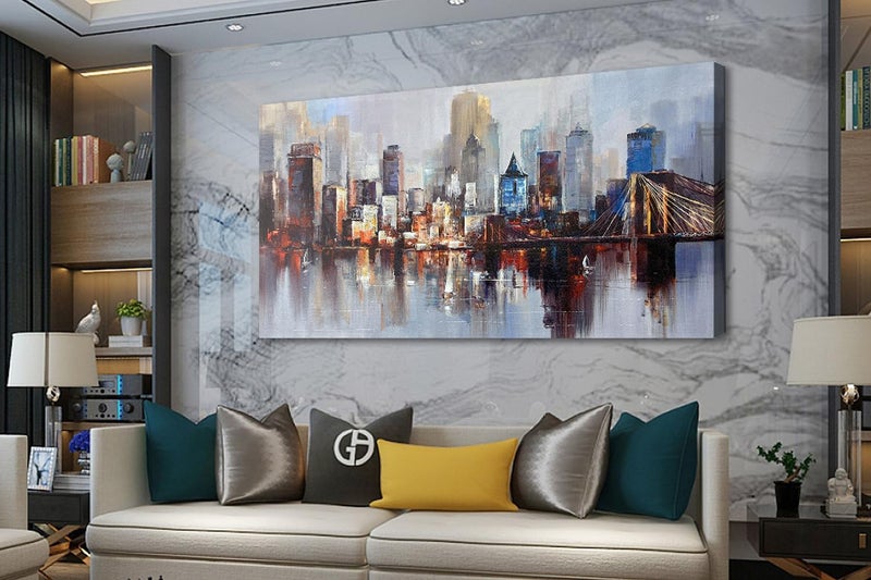 Arjun Brooklyn Bridge Wall Art for Living Room, Modern New York City Abstract Cityscape Canvas Painting, NYC Skyline Textured Picture Bedroom Artwork Home Office Wall Decor Extra Large Framed 58"x29" - Image 5